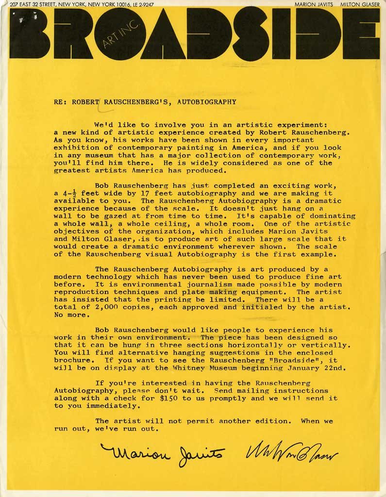 Broadside Art, Inc. brochure for Robert Rauschenberg’s Autobiography (1968). SFMOMA Permanent Collection Object Files