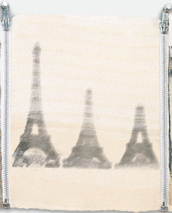 Detail of Robert Rauschenberg's Hiccups (1978) showing a trio of Eiffel Towers