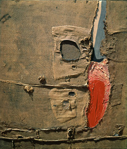 Brown textured collage on canvas with burlap and areas of red and blue paint