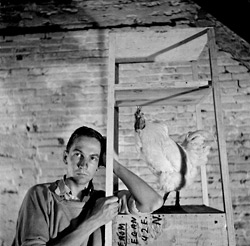 Dramatically-lit black and white photo of a man leaning against a shelf where a white chicken is standing