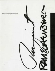 A publication cover with "Rauschenberg" written in a painterly fashion