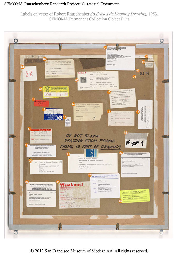 <p>Labels on verso of Robert Rauschenberg’s <em>Erased de Kooning Drawing</em>, 1953. SFMOMA Permanent Collection Object Files</p>
