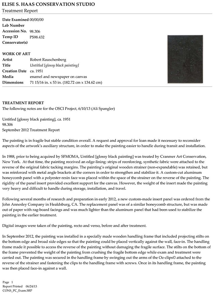 <p>Conservation treatment report relating to Robert Rauschenberg's <em>Untitled </em>[glossy black painting] (ca. 1951), 2012</p>
