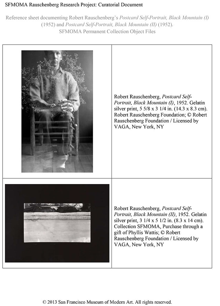 <p>Reference sheet documenting Robert Rauschenberg’s <em>Postcard Self-Portrait, Black Mountain (I)</em> (1952) and <em>Postcard Self-Portrait, Black Mountain (II) </em>(1952)<em>.</em> SFMOMA Permanent Collection Object Files</p>
