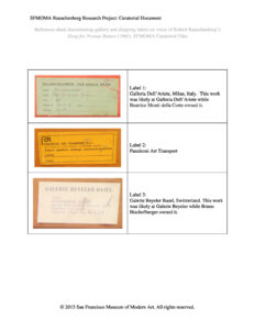 Reference sheet documenting gallery and shipping labels on verso of Robert Rauschenberg’s Sleep for Yvonne Rainer (1965). SFMOMA Curatorial Files