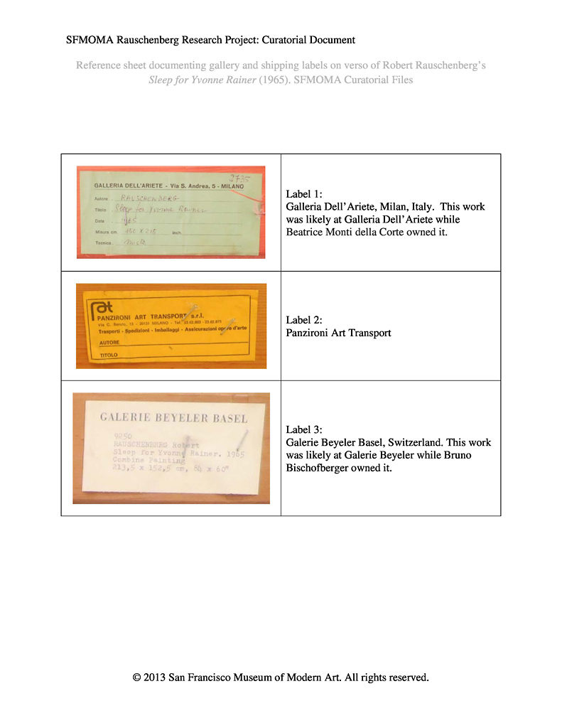 Reference sheet documenting gallery and shipping labels on verso of Robert Rauschenberg’s Sleep for Yvonne Rainer (1965). SFMOMA Curatorial Files