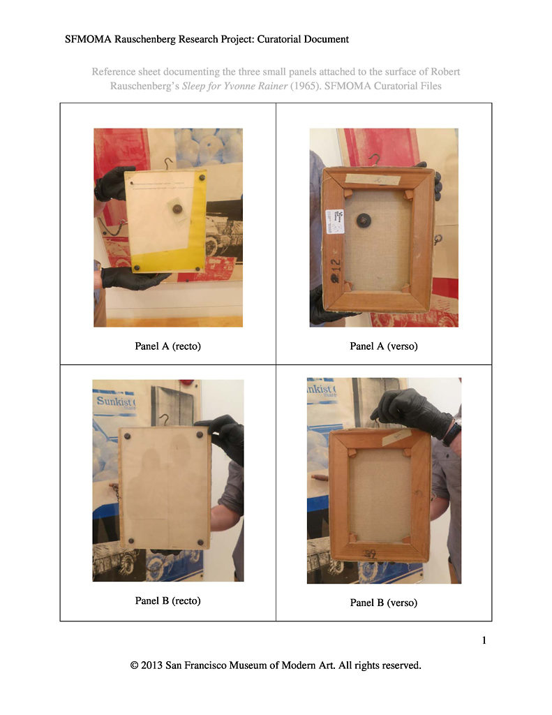 Reference sheet documenting the three small panels attached to the surface of Robert Rauschenberg’s Sleep for Yvonne Rainer (1965). SFMOMA Curatorial Files 