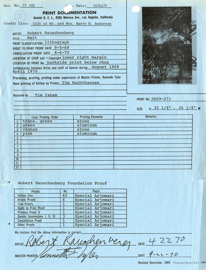 <p>Print documentation from Gemini G.E.L. for Robert Rauschenberg’s <em>Bait (Stoned Moon) </em>(1970). SFMOMA Permanent Collection Object Files</p>
