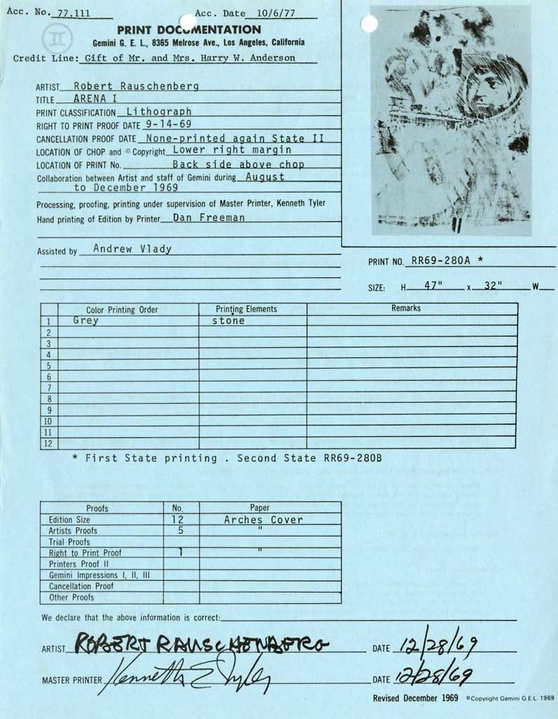 <p>Print documentation from Gemini G.E.L. for Robert Rauschenberg’s <em>Arena II (Stoned Moon) </em>(1969). SFMOMA Permanent Collection Object Files</p>
