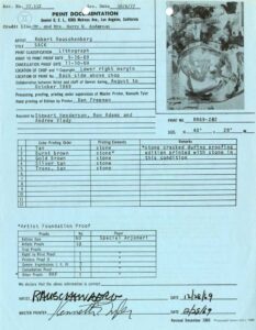 Print documentation from Gemini G.E.L. for Robert Rauschenberg’s Sack (Stoned Moon) (1969). SFMOMA Permanent Collection Object Files