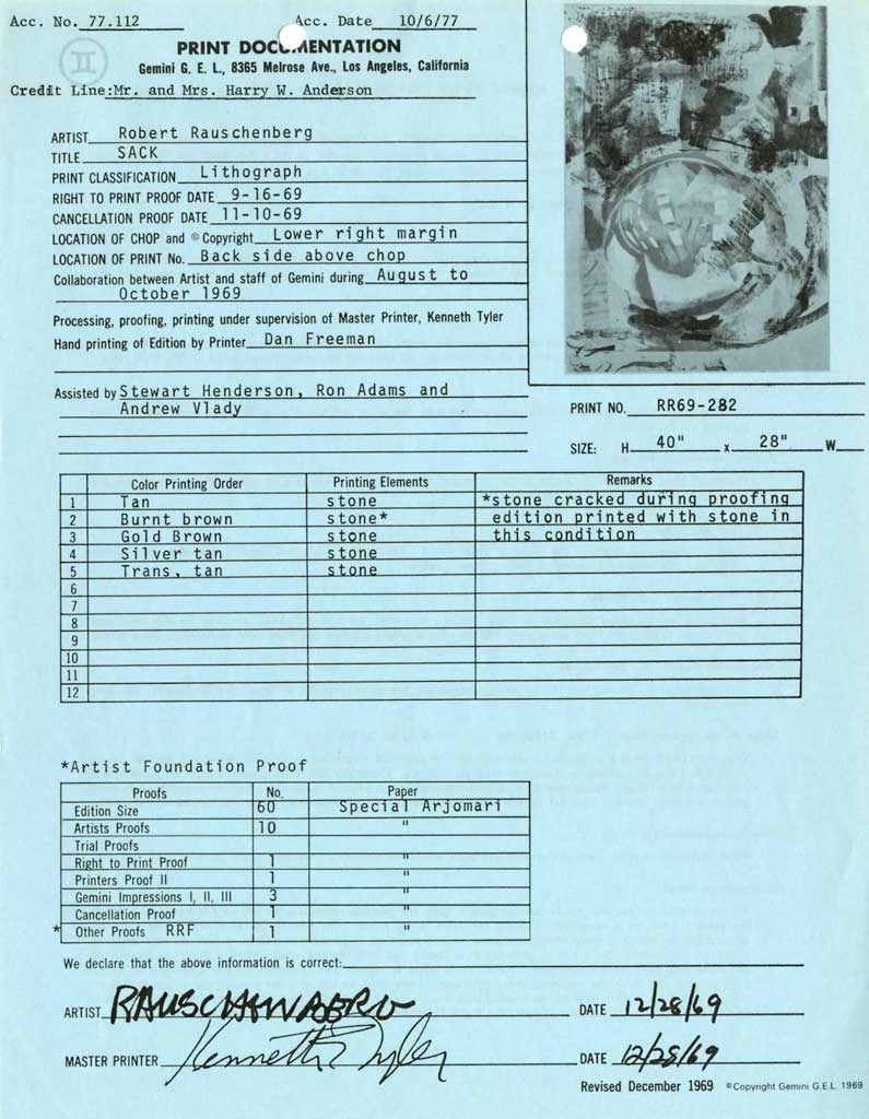 <p>Print documentation from Gemini G.E.L. for Robert Rauschenberg’s <em>Sack (Stoned Moon) </em>(1969). SFMOMA Permanent Collection Object Files</p>
