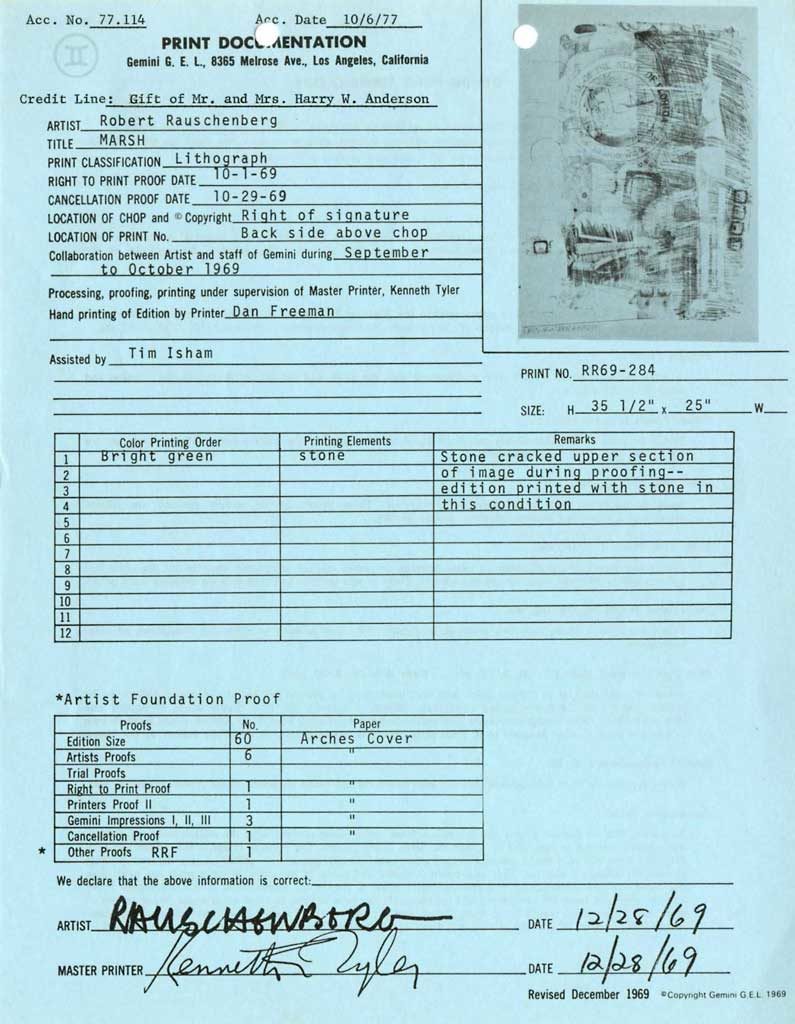 <p>Print documentation from Gemini G.E.L. for Robert Rauschenberg’s <em>Marsh (Stoned Moon) </em>(1969). SFMOMA Permanent Collection Object Files</p>
