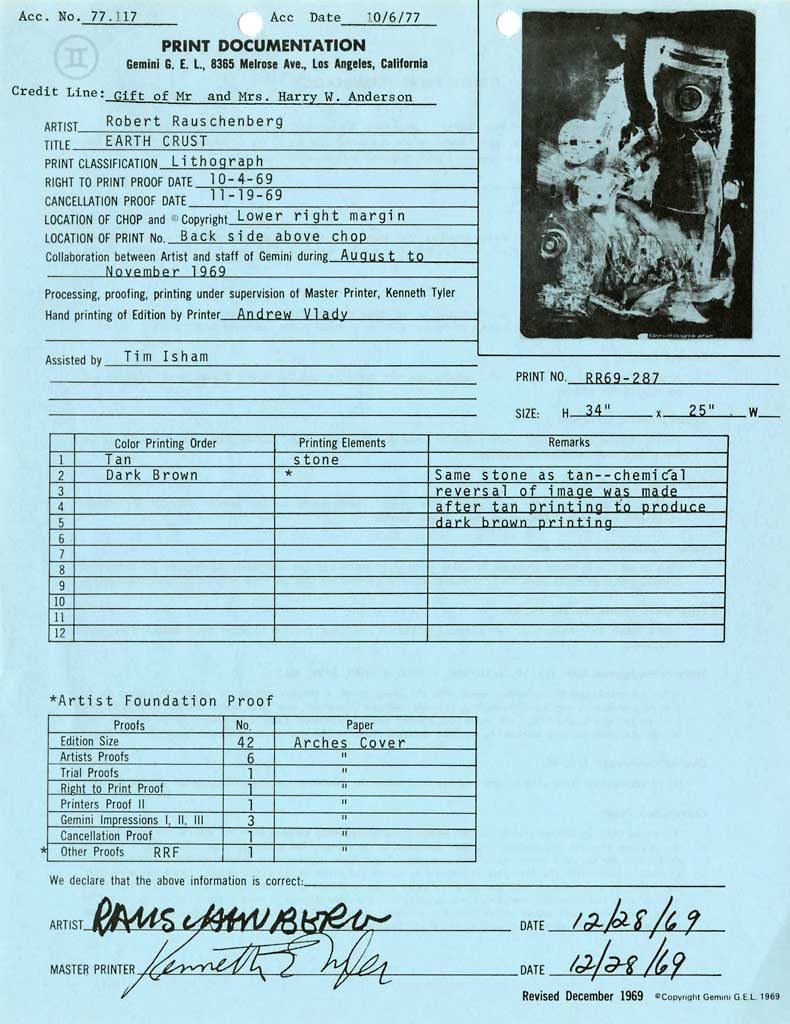 <p>Print documentation from Gemini G.E.L. for Robert Rauschenberg’s <em>Earth Crust (Stoned Moon) </em>(1969). SFMOMA Permanent Collection Object Files  </p>
