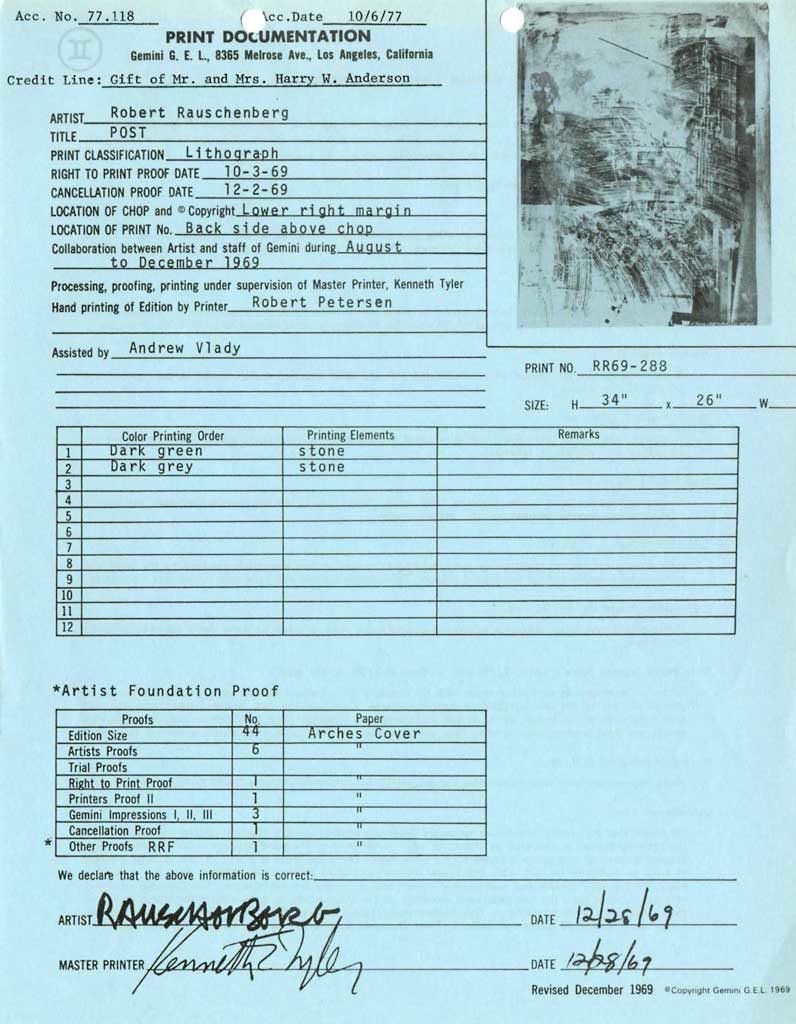 <p>Print documentation from Gemini G.E.L. for Robert Rauschenberg’s <em>Post (Stoned Moon) </em>(1969). SFMOMA Permanent Collection Object Files</p>
