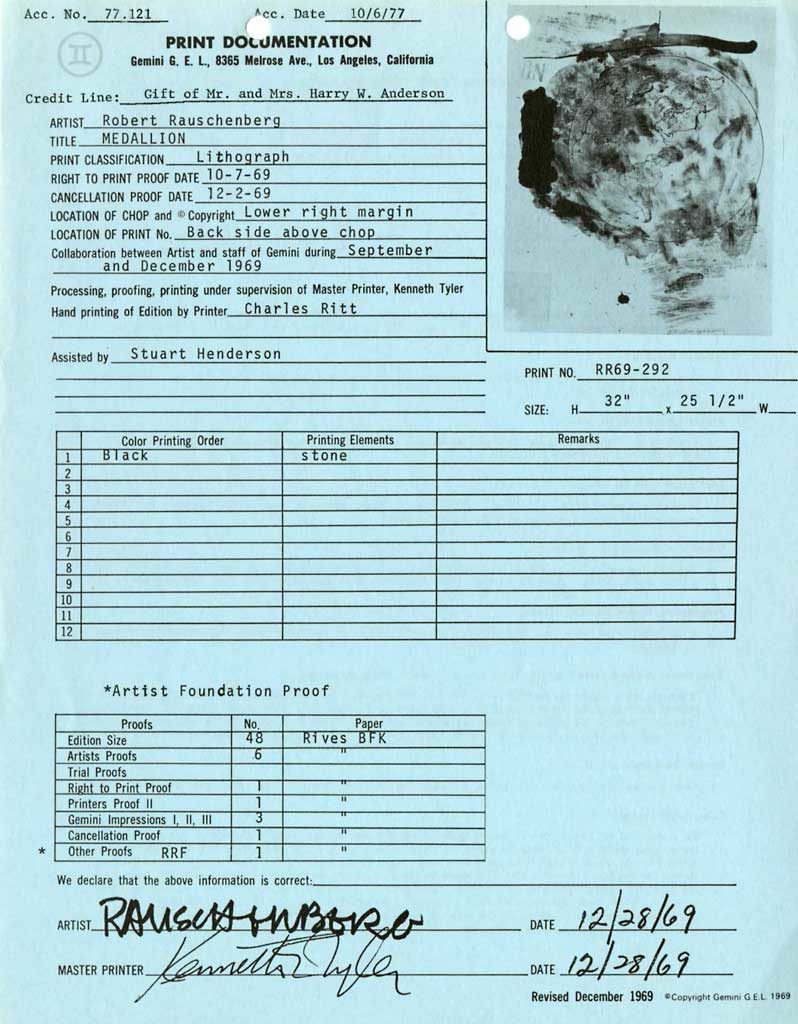 Print documentation from Gemini G.E.L. for Robert Rauschenberg’s Medallion (Stoned Moon) (1969). SFMOMA Permanent Collection Object Files
