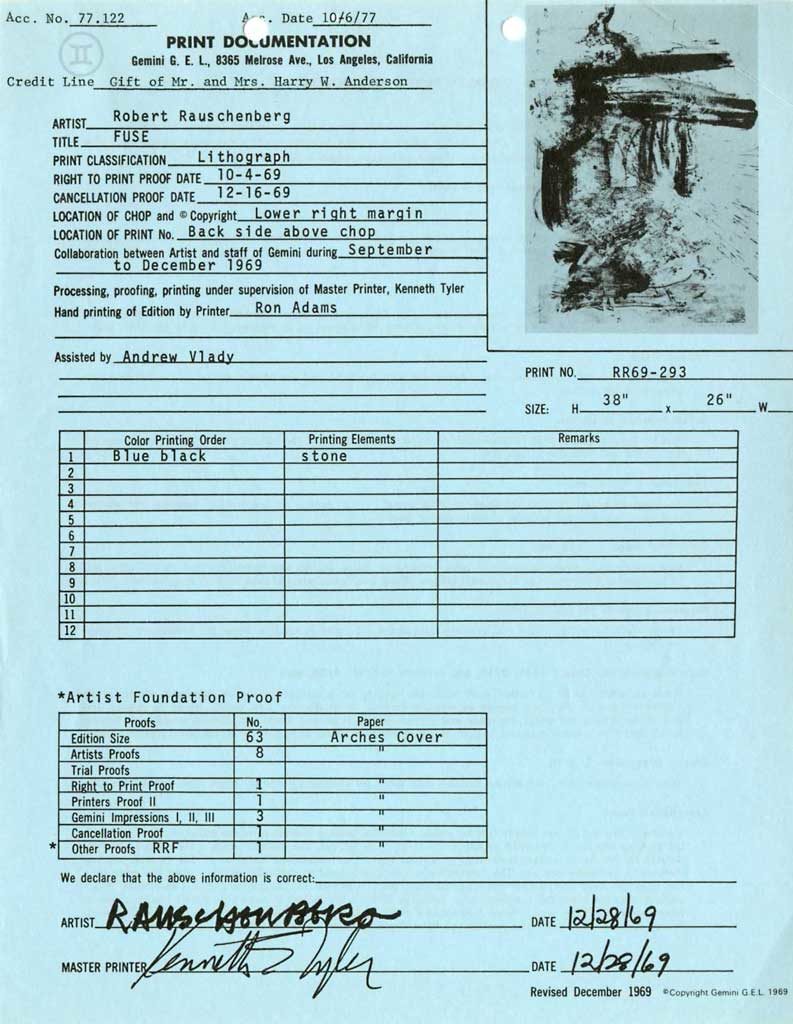 <p>Print documentation from Gemini G.E.L. for Robert Rauschenberg’s <em>Fuse (Stoned Moon) </em>(1969). SFMOMA Permanent Collection Object Files</p>
