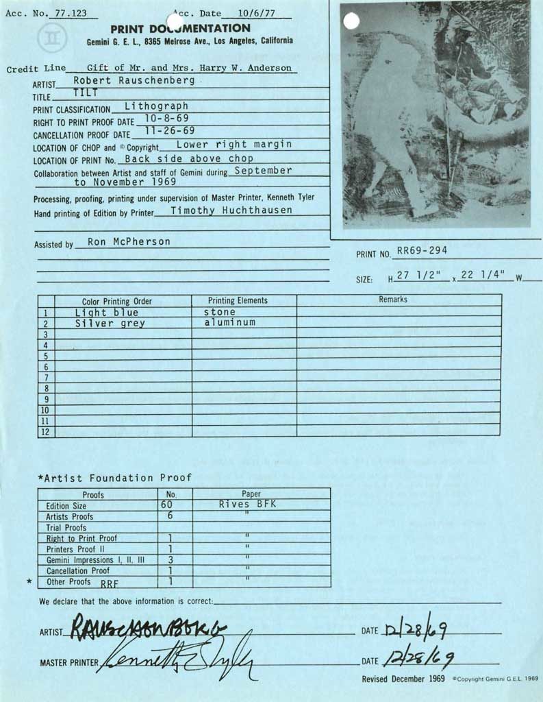 Print documentation from Gemini G.E.L. for Robert Rauschenberg’s Tilt (Stoned Moon) (1969). SFMOMA Permanent Collection Object Files