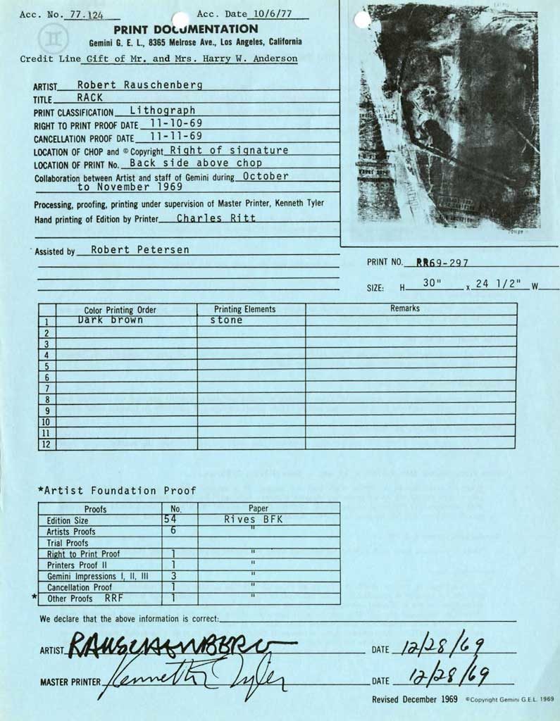 Print documentation from Gemini G.E.L. for Robert Rauschenberg’s Rack (Stoned Moon) (1969). SFMOMA Permanent Collection Object Files