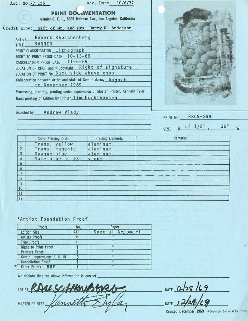 Print documentation from Gemini G.E.L. for Robert Rauschenberg’s Banner (Stoned Moon) (1969). SFMOMA Permanent Collection Object Files   