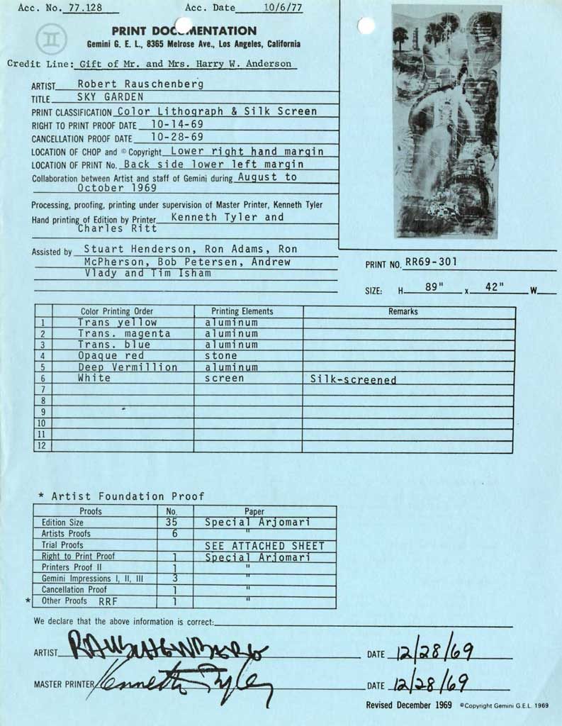 Print documentation from Gemini G.E.L. for Robert Rauschenberg’s Sky Garden (Stoned Moon) (1969). SFMOMA Permanent Collection Object Files