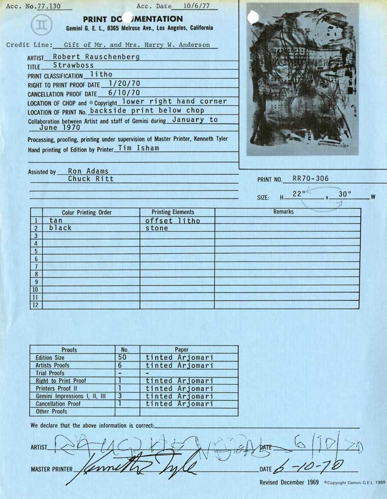 Print documentation from Gemini G.E.L. for Robert Rauschenberg’s Strawboss (Stoned Moon) (1970). SFMOMA Permanent Collection Object Files