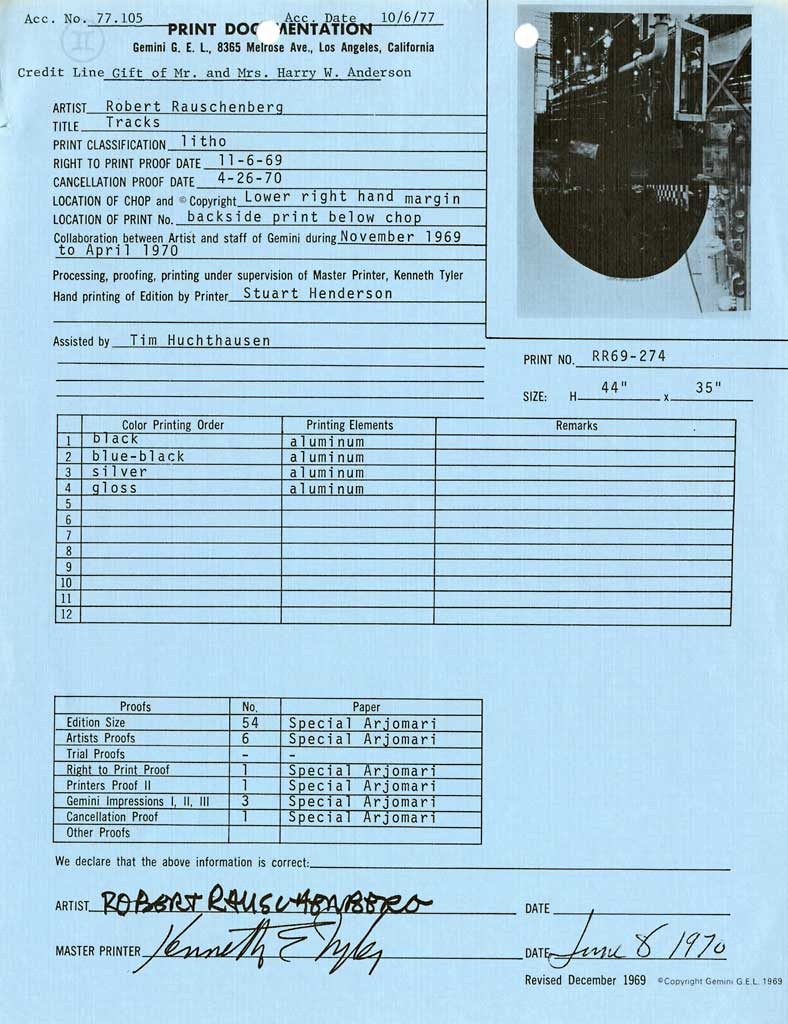 Print documentation from Gemini G.E.L. for Robert Rauschenberg’s Tracks (Stoned Moon) (1970). SFMOMA Permanent Collection Object Files