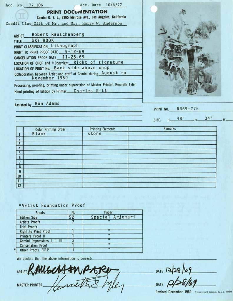 Print documentation from Gemini G.E.L. for Robert Rauschenberg’s Sky Hook (Stoned Moon) (1969). SFMOMA Permanent Collection Object Files