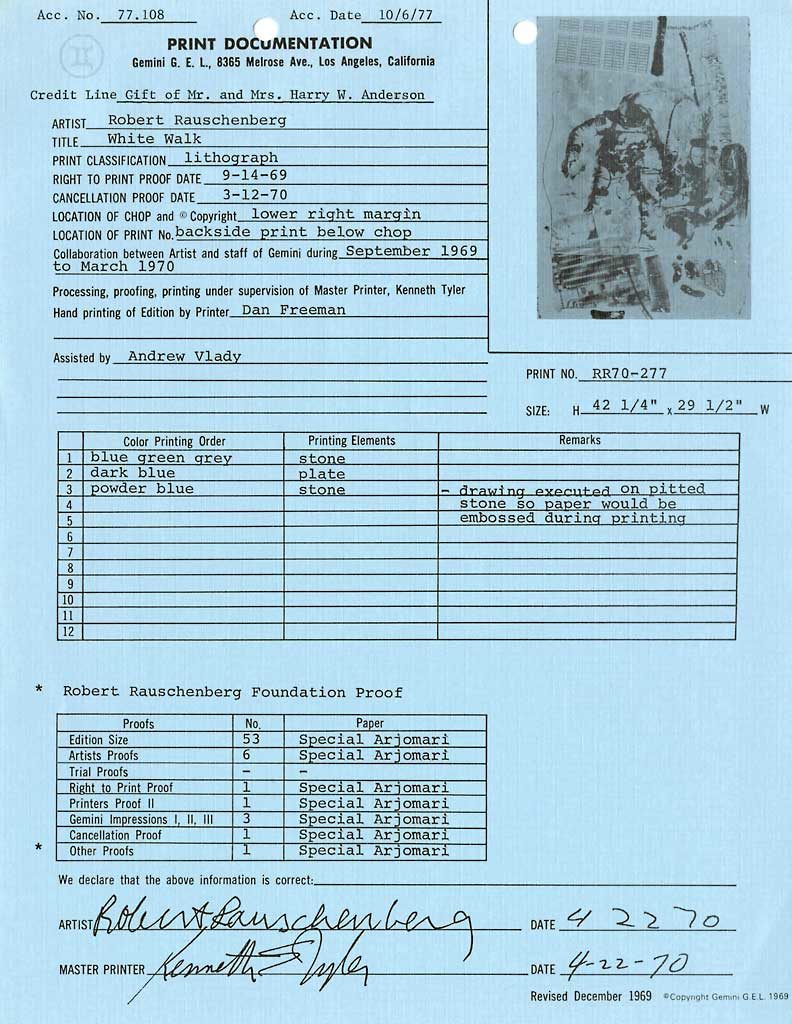 <p>Print documentation from Gemini G.E.L. for Robert Rauschenberg’s <em>White Walk (Stoned Moon)</em> (1970). SFMOMA Permanent Collection Object Files</p>
