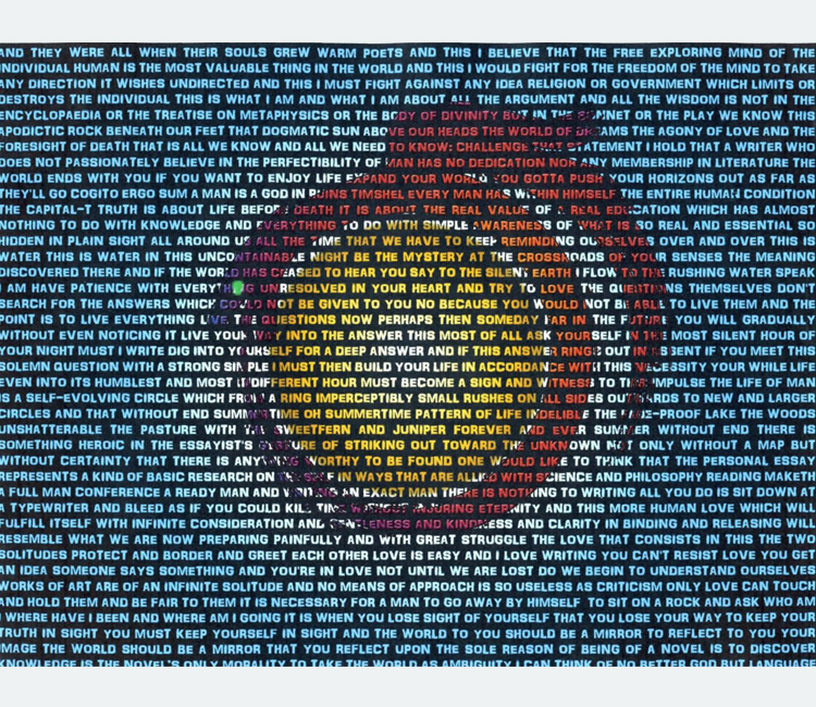 Colored letters of a poem against a black background form a yellow sphere surrounded by red flames on a blue background