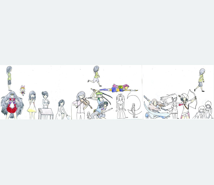 Horizontal drawing of anime-style figures performing a variety of everyday and superhuman activities