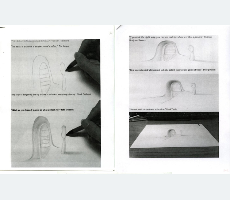 Five versions of a pencil drawing of a figure standing at the entrance to a cave-like space