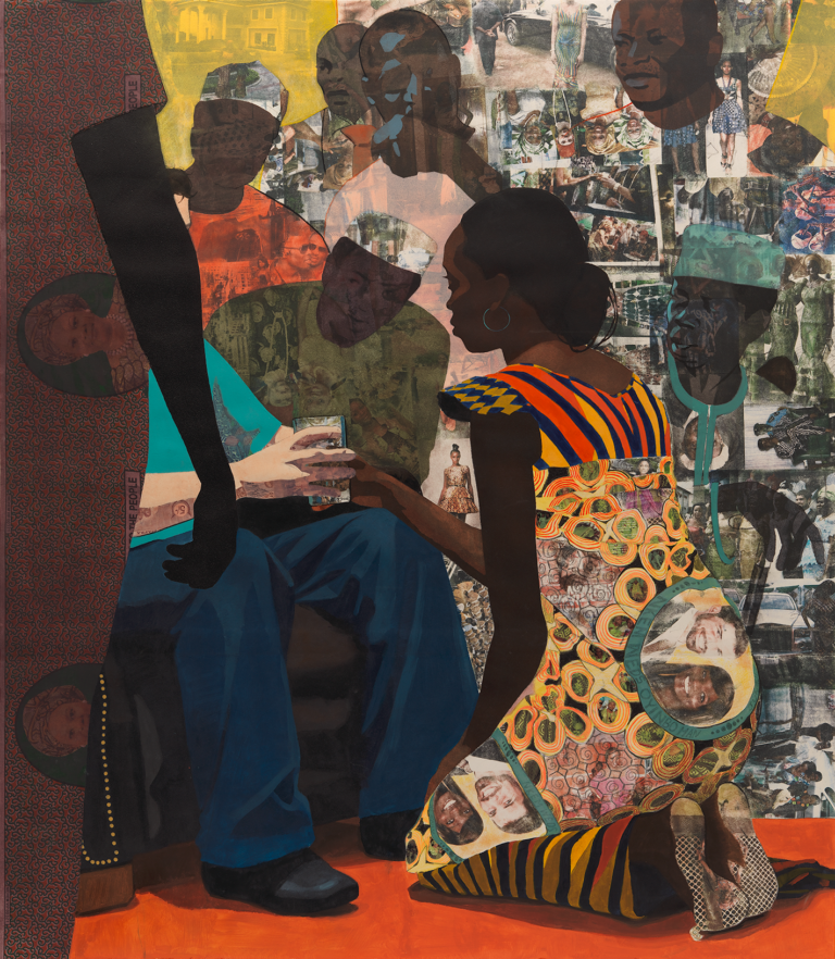 Painting of an African woman in Nigerian wedding dress kneeling before a white man who is obscured by her gathered family, and offering him a ceremonial cup