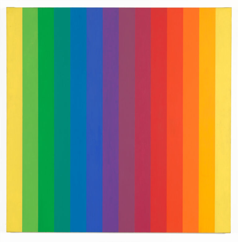 Square canvas composed of fourteen solid-colored vertical bands ranging the color spectrum