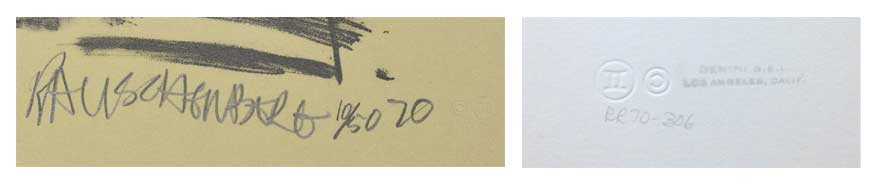 Details of Robert Rauschenberg's Strawboss (Stoned Moon) (1970) showing the artist's signature and the Gemini G.E.L. chop mark and stamp​