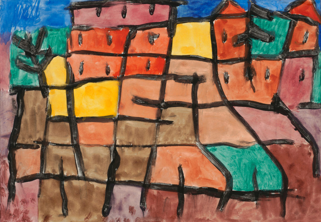 Geometric composition with strong black grid-like lines and fields of color suggesting sky, houses, trees and fences