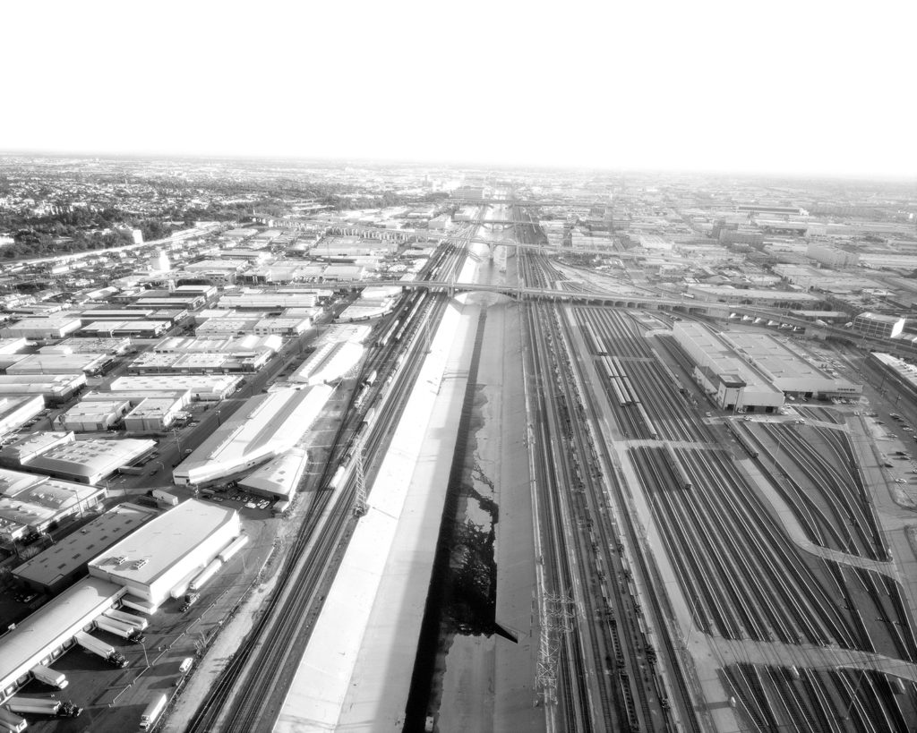Artwork image, Michael Light's L.A. River and Railroad Yards Looking South, 4th, 6th and 7th Street Bridges in Distance