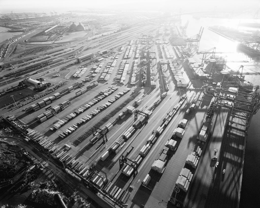 Artwork image, Michael Light's Terminal Island, Long Beach, Looking Southwest over the Yusen Container Yard
