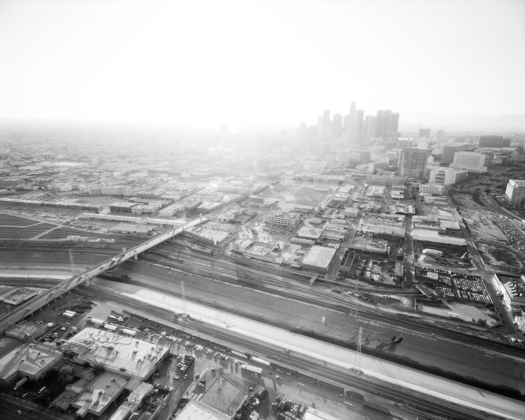 Artwork image, Michael Light's Downtown Los Angeles Looking West, 1st Street Bridge and L.A. River in Foreground