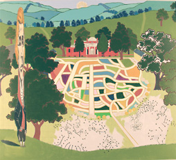 Kerry James Marshall, drawing of estate with colorful blocks and trees and grass