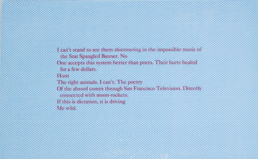 R.H. Quaytman, red text on light blue background