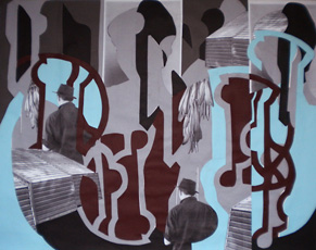 Anna Parkina, collaged painting with man and abstract shapes 