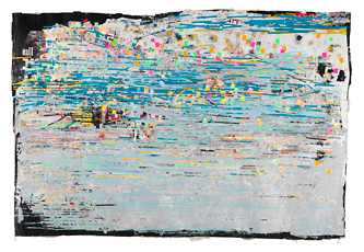 Mark Bradford, mixed media bright colored lines and squares on white and black scratched background