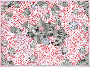 Andrew Schoultz, red blue and black cloud and flower pattern with houses in center