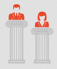 A graphic featuring a man and a woman standing at podiums