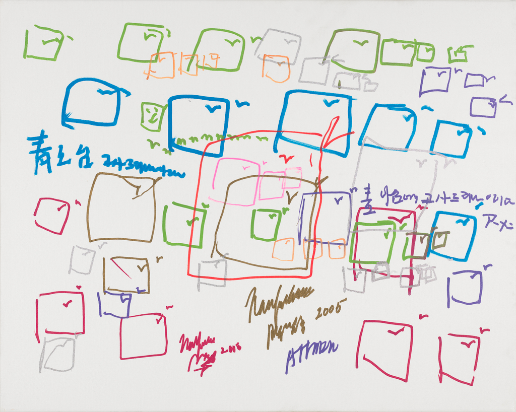Colorful ink drawing of overlapping boxes of different sizes with checkmarks
