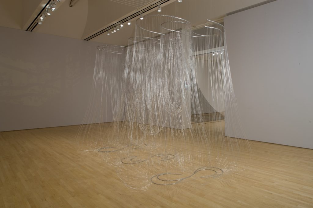 A hanging metallic sculpture 