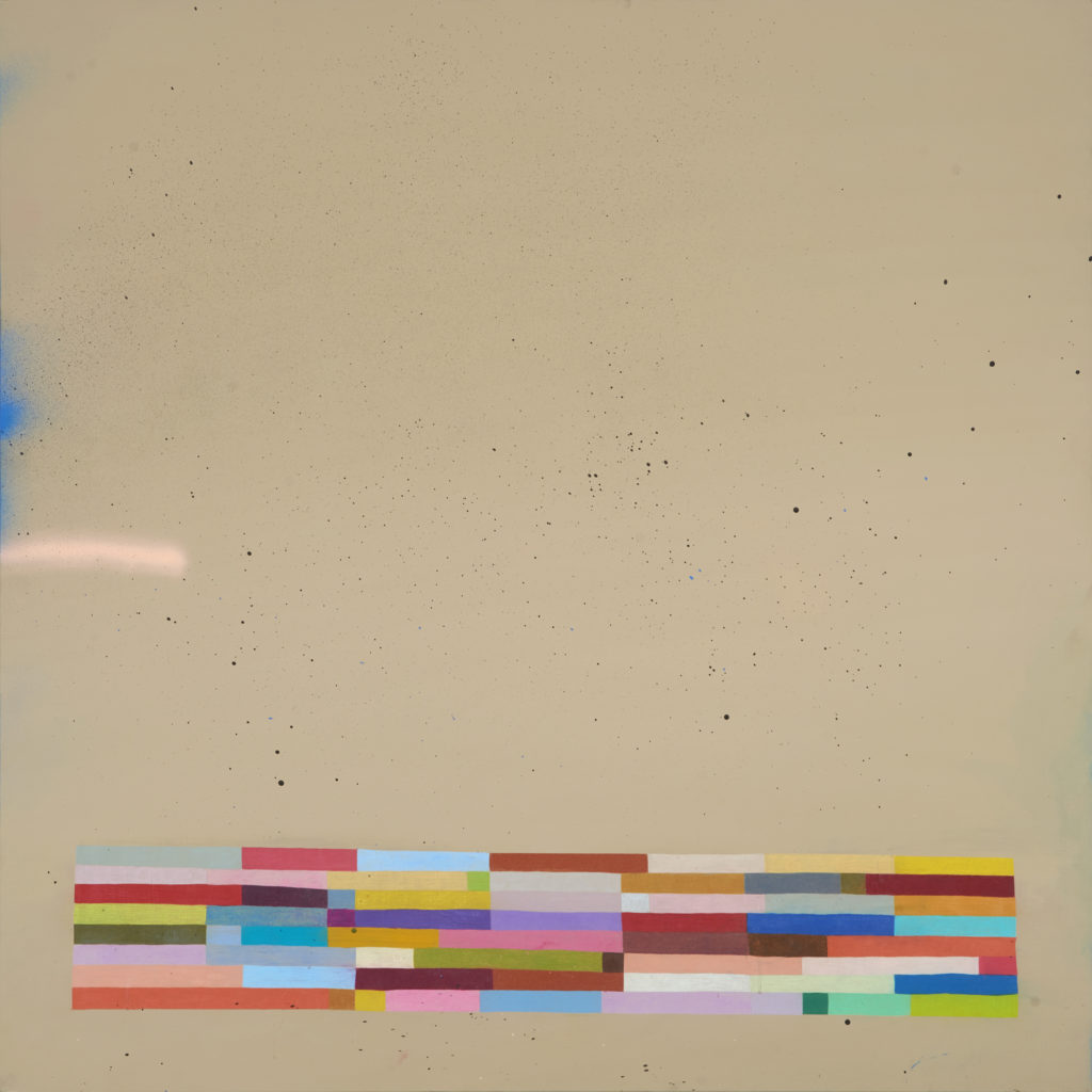 Stacked horizontal color blocks against a speckled brown canvas