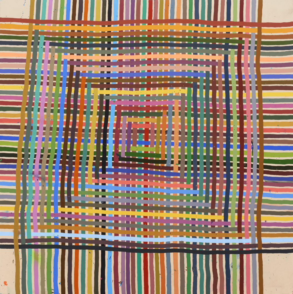 Interwoven colored stripes against a beige background