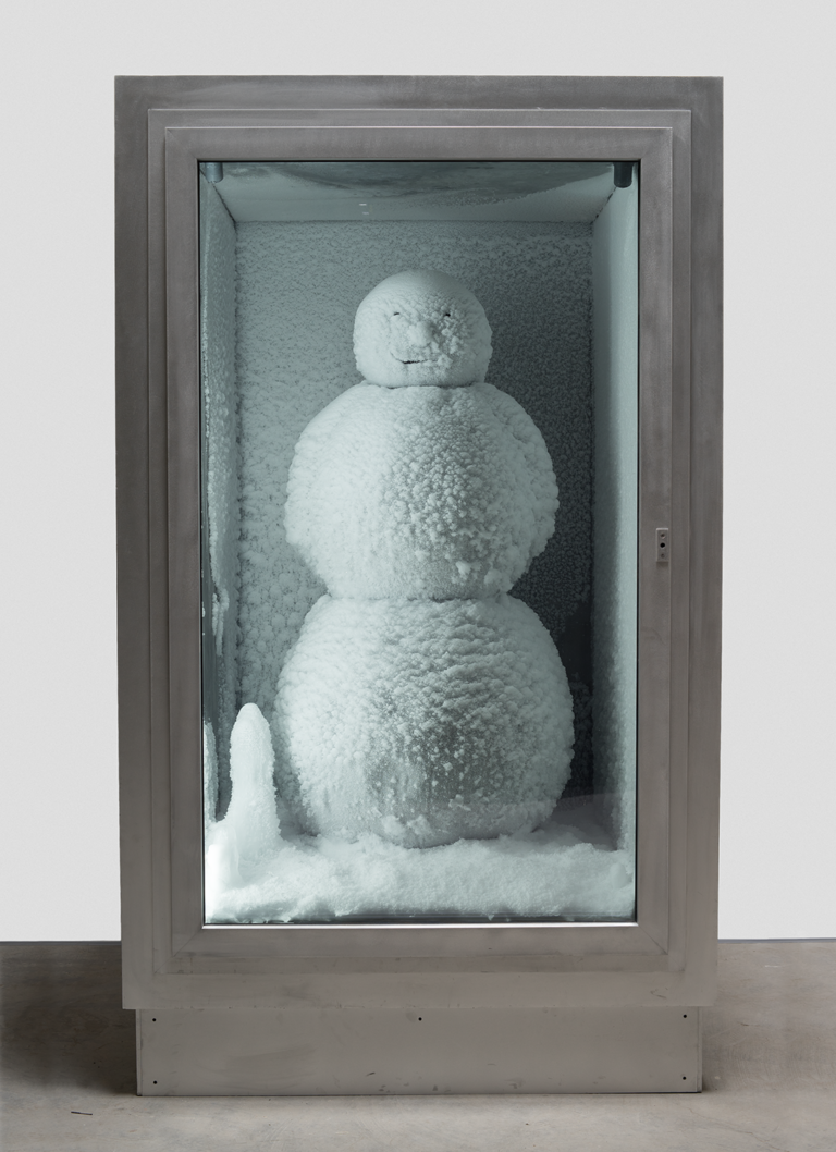 A color photograph of a snowman encased in a box,  Peter Fischli and David Weiss