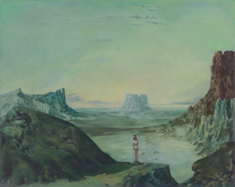 A woman in a 1940s style swimsuit, seen from behind, looking out across a dramatic desert landscape